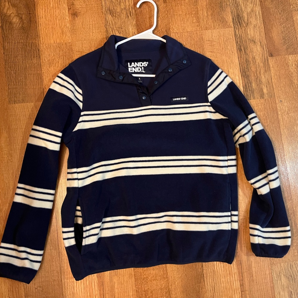 Lands' End Women's Navy and Cream Striped Pullover